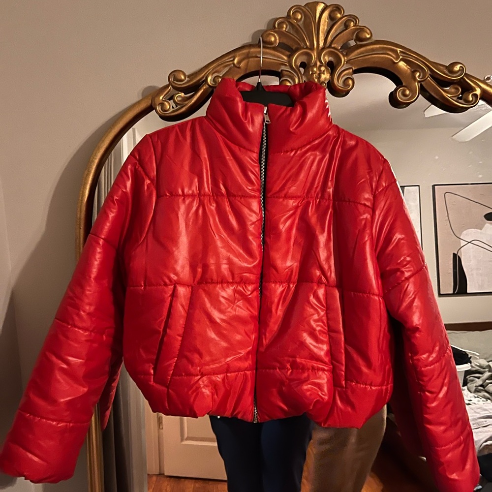 Red puffer jacket